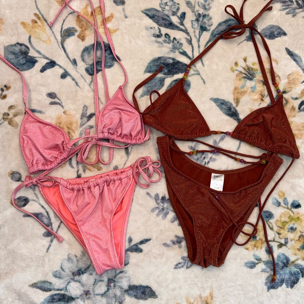 2 bikinis! Pink and Rust Shimmer String Bikini Sets by Wild Fable Small